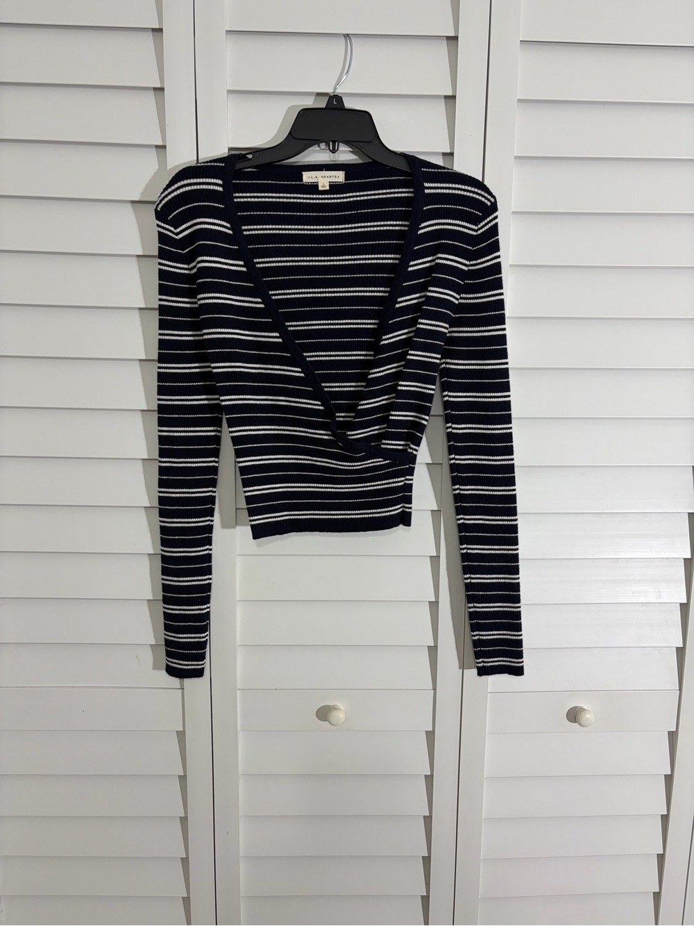 La Hearts navy and white striped V-neck wrap crop top